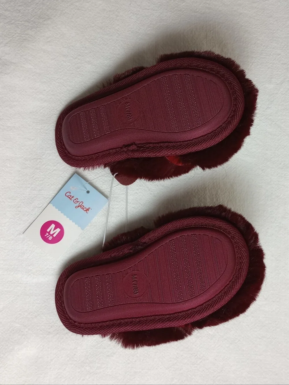 Cat & Jack Burgandy Faux Fur Slippers with Velvet Bows